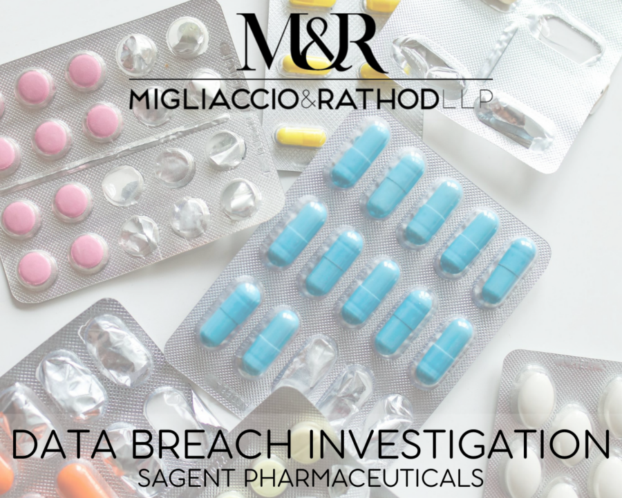 Graphic announcing the Sagent Pharmaceuticals data breach investigation, featuring the Migliaccio & Rathod LLP logo and a background image of pills.