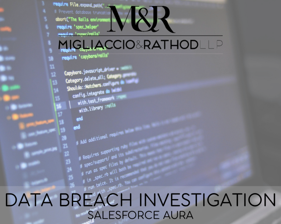 Graphic announcing the Salesforce Aura Data Breach Investigation, featuring the Migliaccio & Rathod LLP logo and a background image of coding.