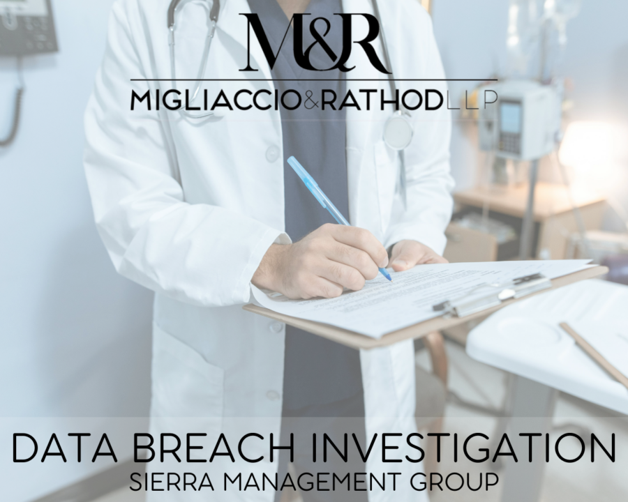 Graphic announcing the Sierra Management Group data breach investigation, featuring the Migliaccio & Rathod LLP logo and a background image of a doctor completing a form.