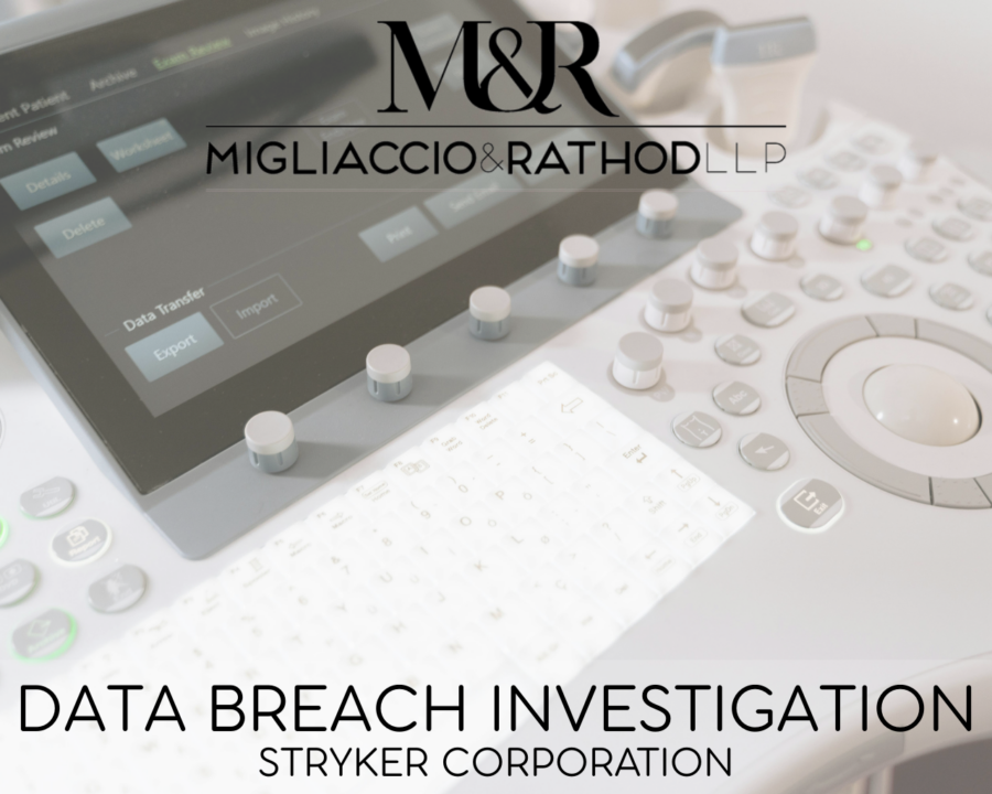 Graphic announcing the Stryker Corporation Data Breach Investigation, featuring the Migliaccio & Rathod LLP logo and a background image of a computer board.