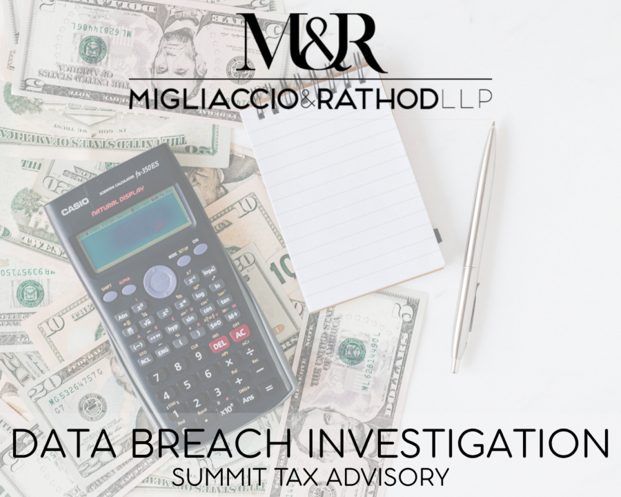 Graphic announcing the Summit Tax Advisory data breach investigation, featuring the Migliaccio & Rathod LLP logo and a background image of a calculator and money.