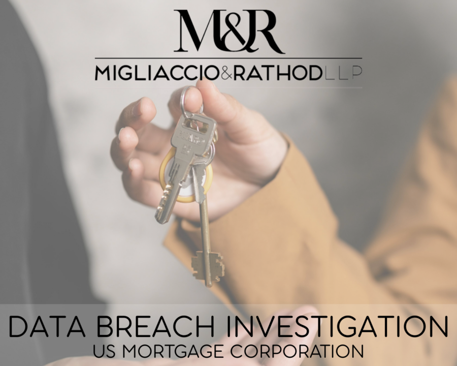 Graphic announcing the US Mortgage Corporation Data Breach investigation, featuring the Migliaccio & Rathod LLP logo and a background image of house keys.
