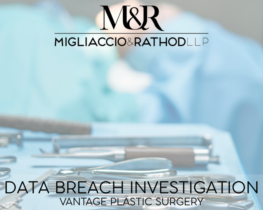 Graphic announcing the Vantage Plastic Surgery data breach investigation, featuring the Migliaccio & Rathod LLP logo and a background image of surgical tools.