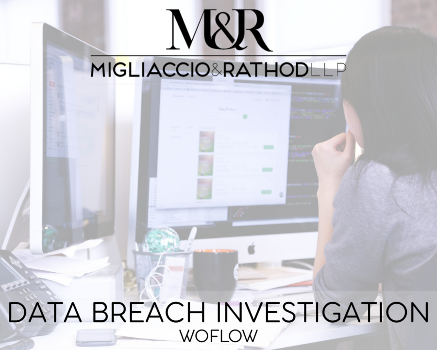 Graphic announcing the Woflow Data Breach Investigation, featuring the Migliaccio & Rathod LLP logo and a background image of a computer monitor in an office.