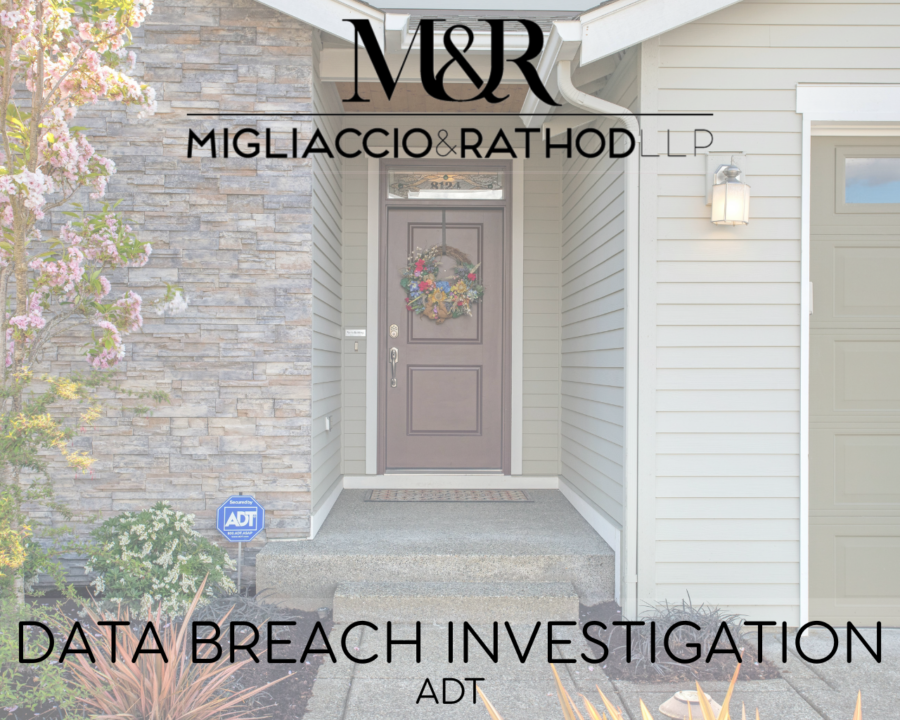 Graphic announcing the ADT data breach investigation, featuring the Migliaccio & Rathod LLP logo and a background image of a house.