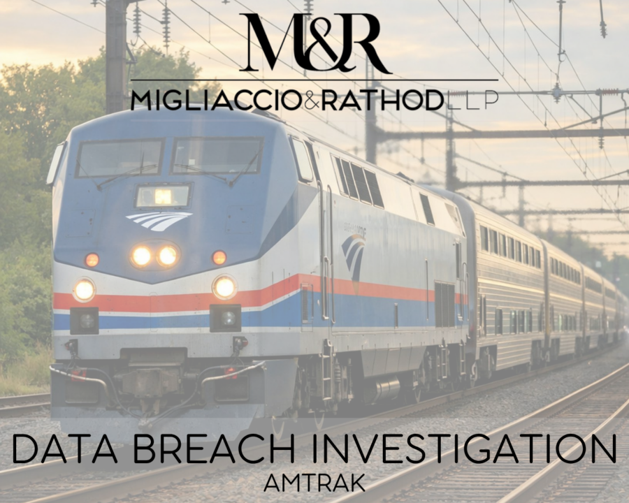 Graphic announcing the Amtrak data breach investigation, featuring the Migliaccio & Rathod LLP logo and a background image of a train.