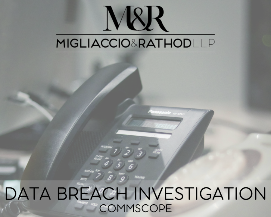 Graphic announcing the Commscope data breach investigation, featuring the Migliaccio & Rathod LLP logo and a background image of a phone.
