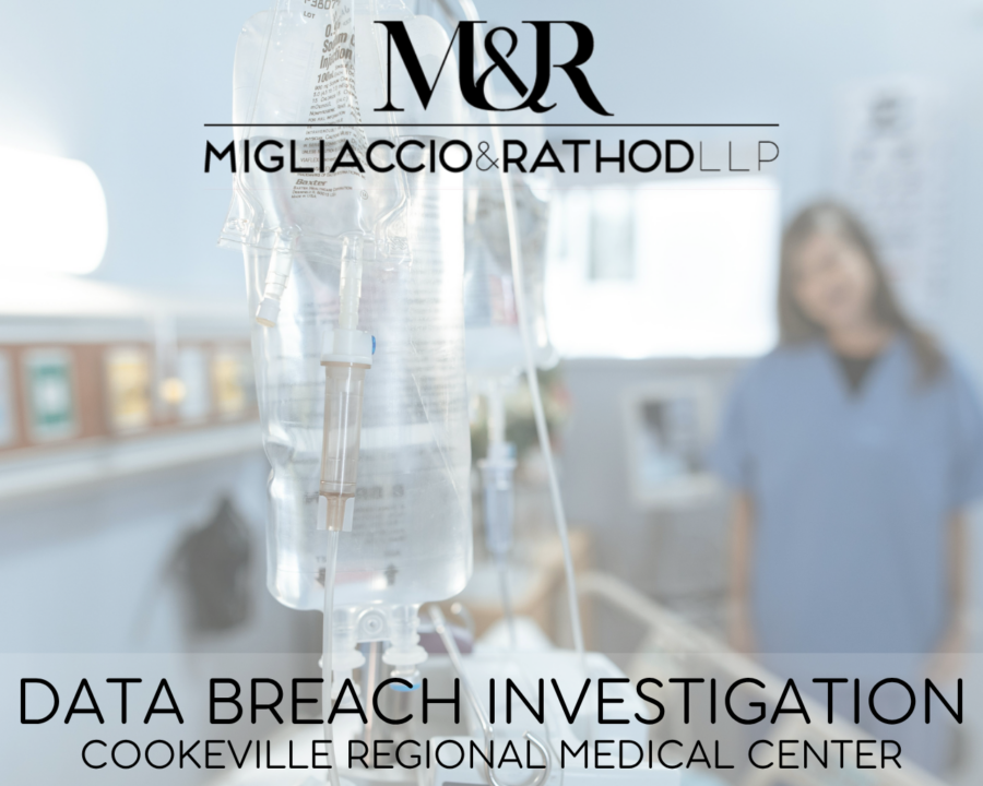 Graphic announcing the Cookville Regional Medical Center Data Breach Investigation, featuring the Migliaccio & Rathod LLP logo and a background image of a medical setting.