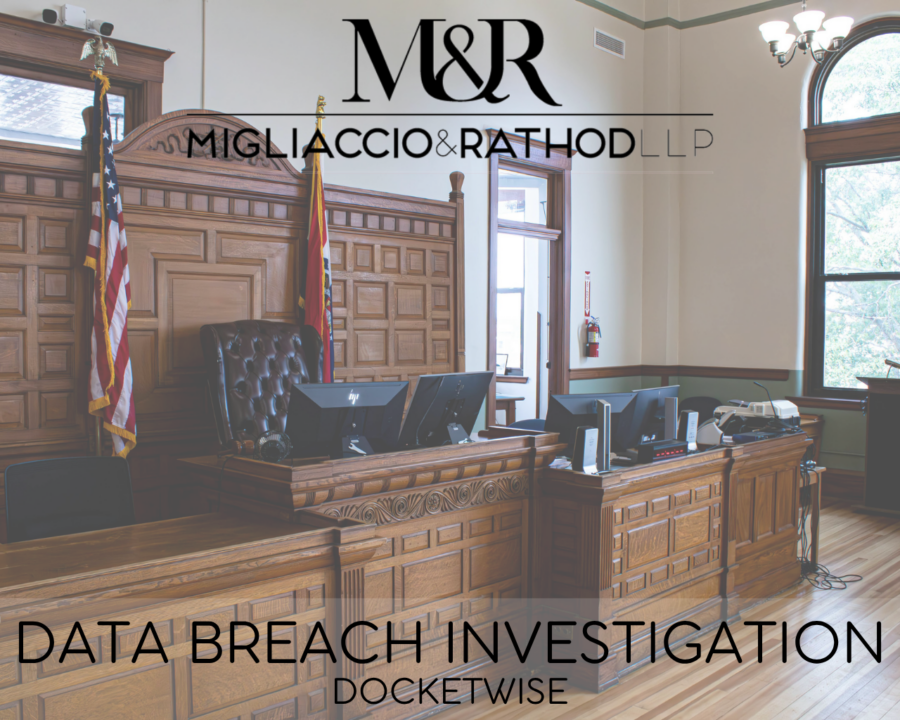 Graphic announcing the DocketWise data breach investigation, featuring the Migliaccio & Rathod LLP logo and a background image of a court.