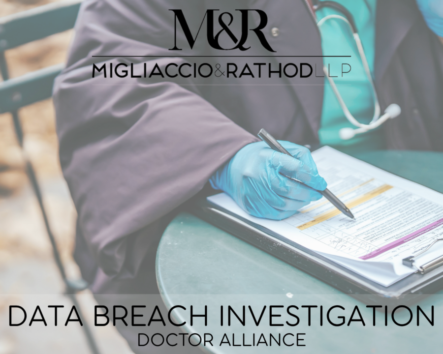 Graphic announcing the Doctor Alliance data breach investigation, featuring the Migliaccio & Rathod LLP logo and a background image of a doctor doing paperwork.