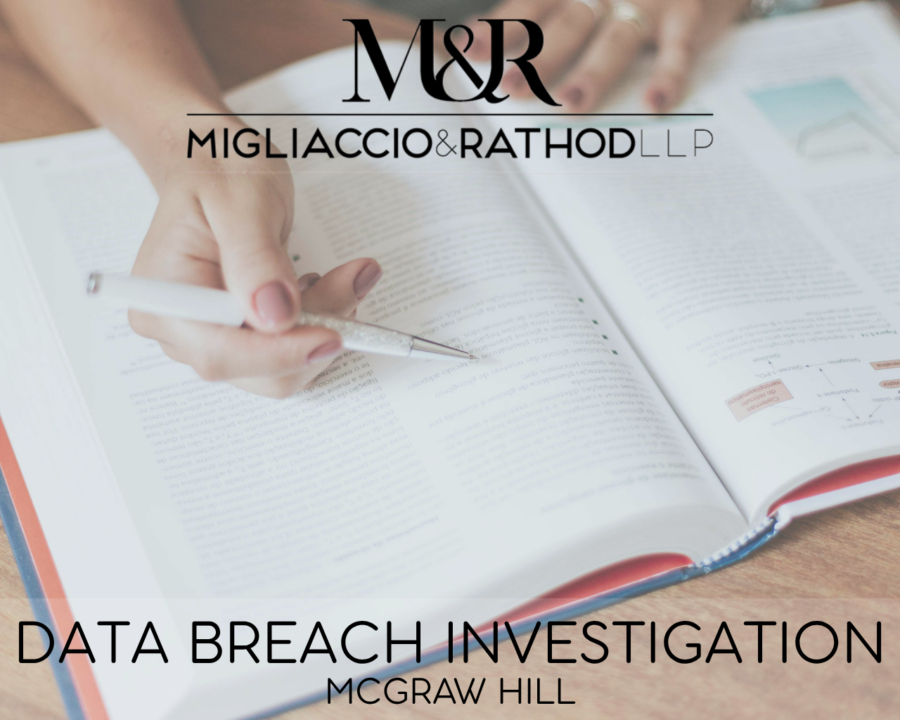 Graphic announcing the McGraw Hill Data Breach Investigation, featuring the Migliaccio & Rathod LLP logo and a background image of a textbook.