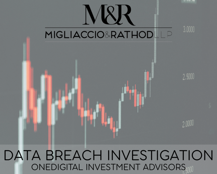 Graphic announcing the Migliaccio & Rathod LLP logo and a background image of a stock chart.