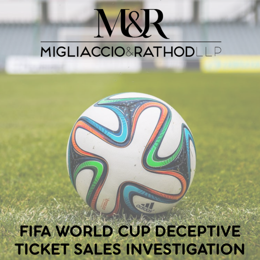 Image of a soccer ball on a field with the Migliaccio & Rathod LLP Logo