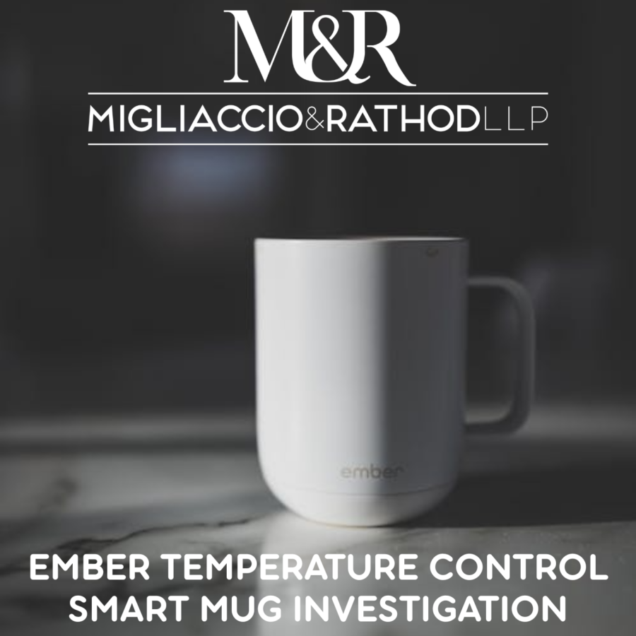 White Ember Smart Mug with the Migliaccio & Rathod LLP Logo
