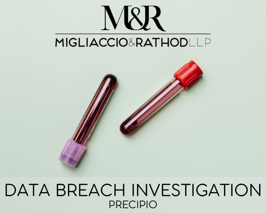 Graphic announcing the Precipio Data Breach investigation, featuring the Migliaccio & Rathod LLP logo and vials with blood.