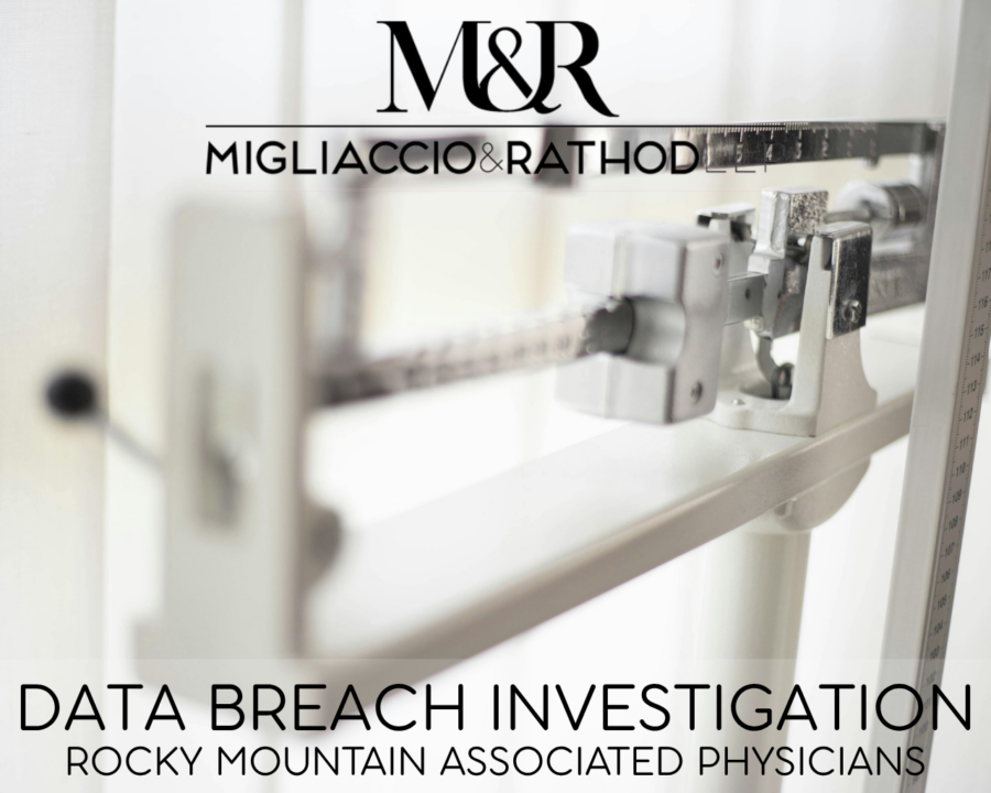 Graphic announcing the Rocky Mountain Associated Physicians Data Breach Investigation, featuring the Migliaccio 7& Rathod LLP logo and a background image of a scale.