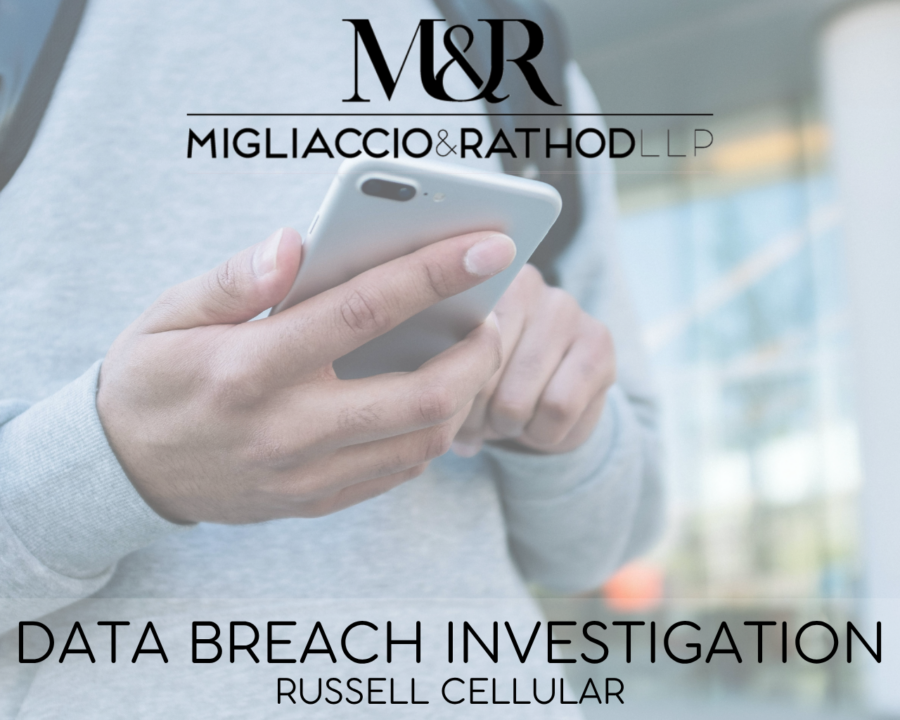 Graphic announcing the Russell Cellular data breach investigation, featuring the Migliaccio & Rathod LLP logo and a background image of someone on a phone.