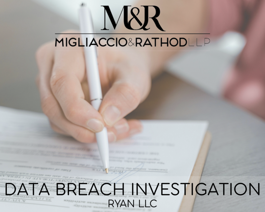 Graphic announcing the Ryan LLC data breach investigation, featuring the Migliaccio & Rathod LLP and a background image of someone completing paperwork.