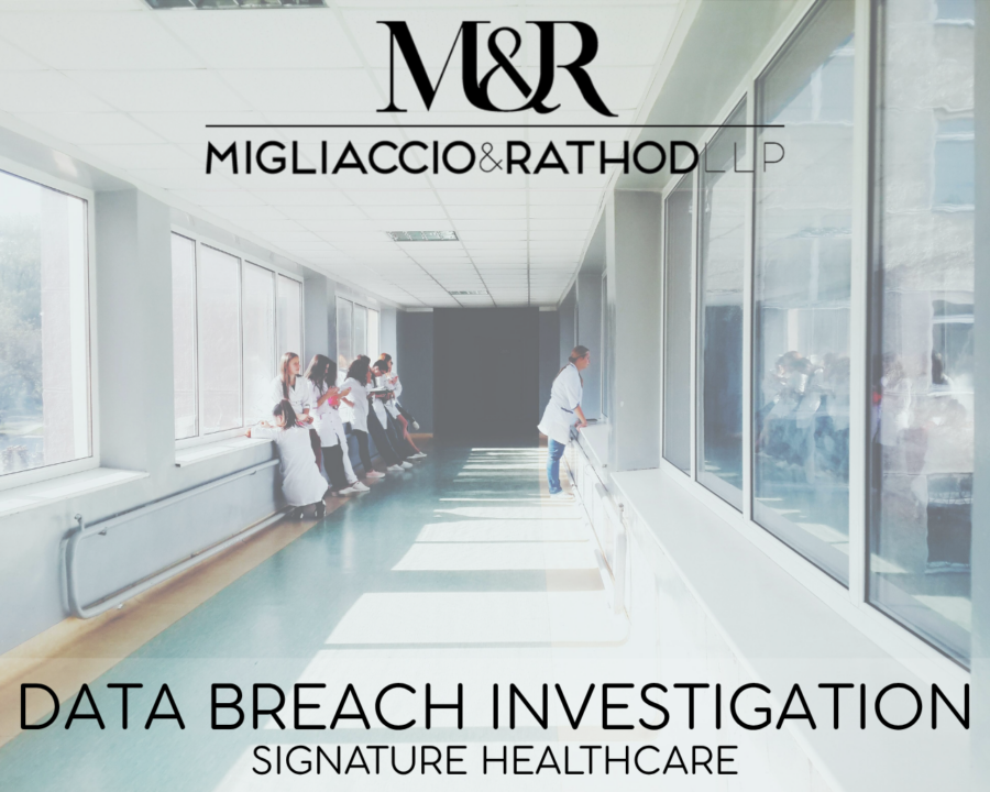 Graphic announcing the Signature Healthcare data breach investigation, featuring the Migliaccio & Rathod LLP logo and a background image of a hospital.