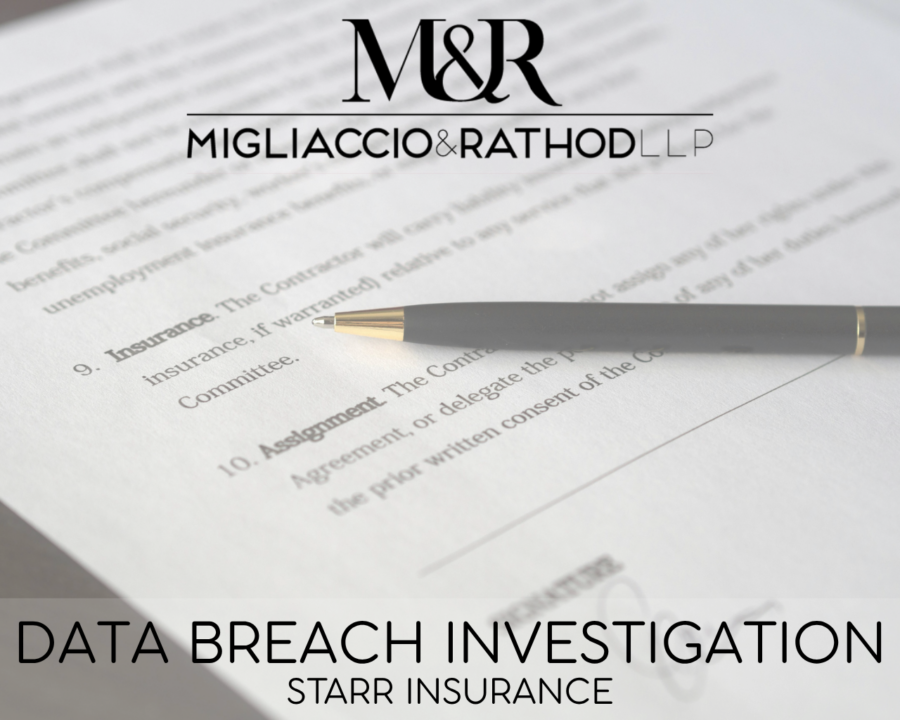 Graphic announcing the Starr Insurance data breach investigation, featuring the Migliaccio & Rathod LLP logo and a background image of a contract.