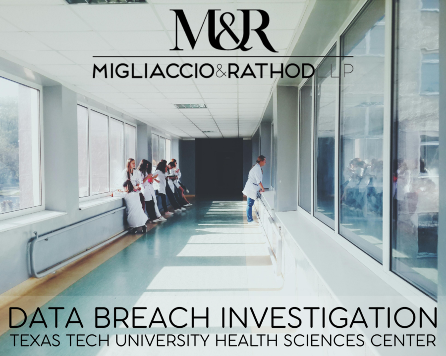 Graphic announcing the Texas Tech University Health Sciences Center Data Breach Investigation, featuring the Migliaccio & Rathod LLP logo and a background image of a hospital hallway.