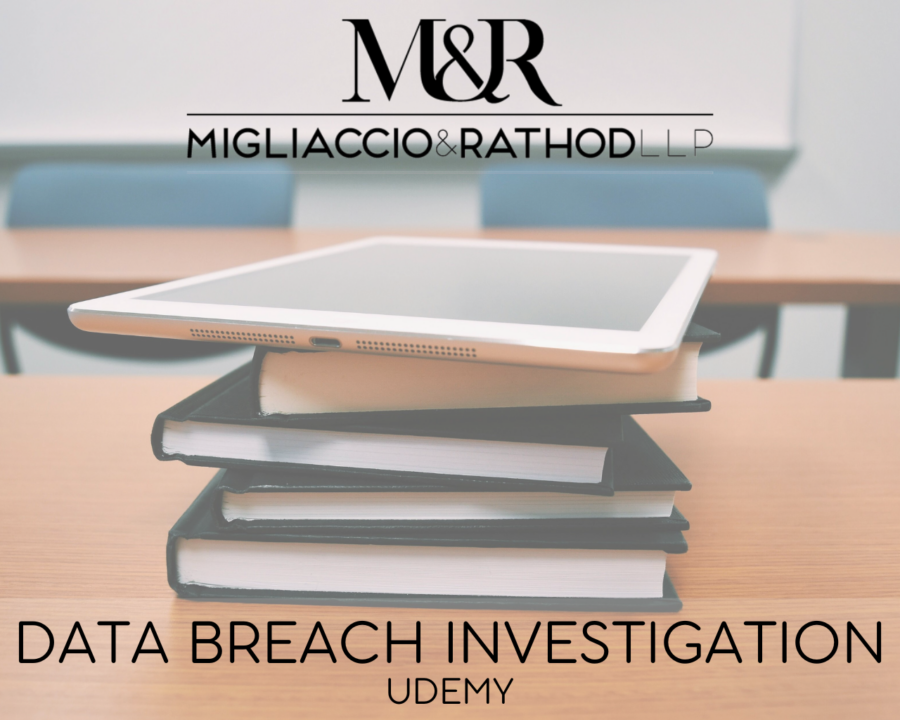 Graphic announcing the Udemy data breach investigation, featuring the Migliaccio & Rathod LLP logo and a background image of books and a tablet.