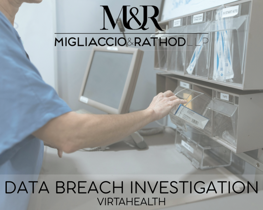 Graphic announcing the VirtaHealth Data Breach investigation, featuring the Migliaccio & Rathod LLP logo and a background image of a doctor going through medical supplies.