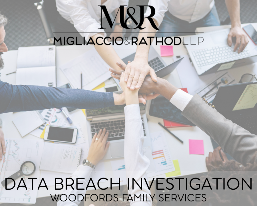 Graphic announcing the Woodfords Family Services Data Breach investigation, featuring the Migliaccio & Rathod LLP logo and a background image of team building.