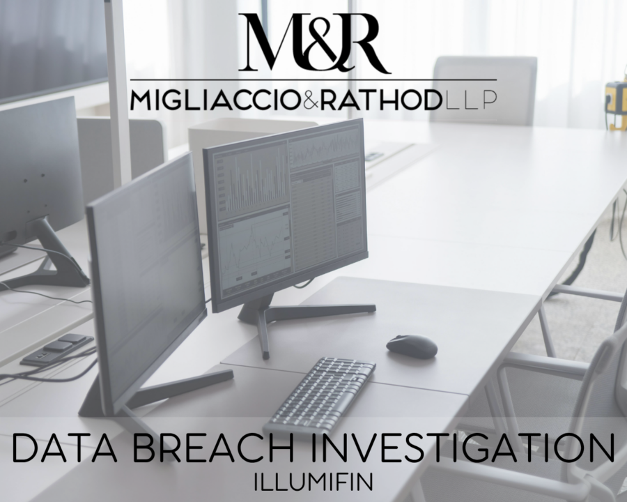 Graphic announcing the Illumifin data breach investigation, featuring the Migliaccio & Rathod LLP logo and a background image of computers.
