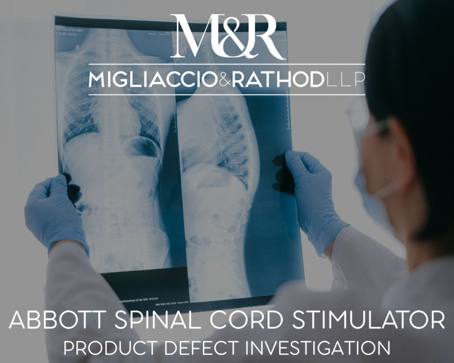 Graphic announcing the Abbott Spinal Cord Stimulator investigation, featuring the Migliaccio & Rathod LLP logo and x-ray images of a spine.