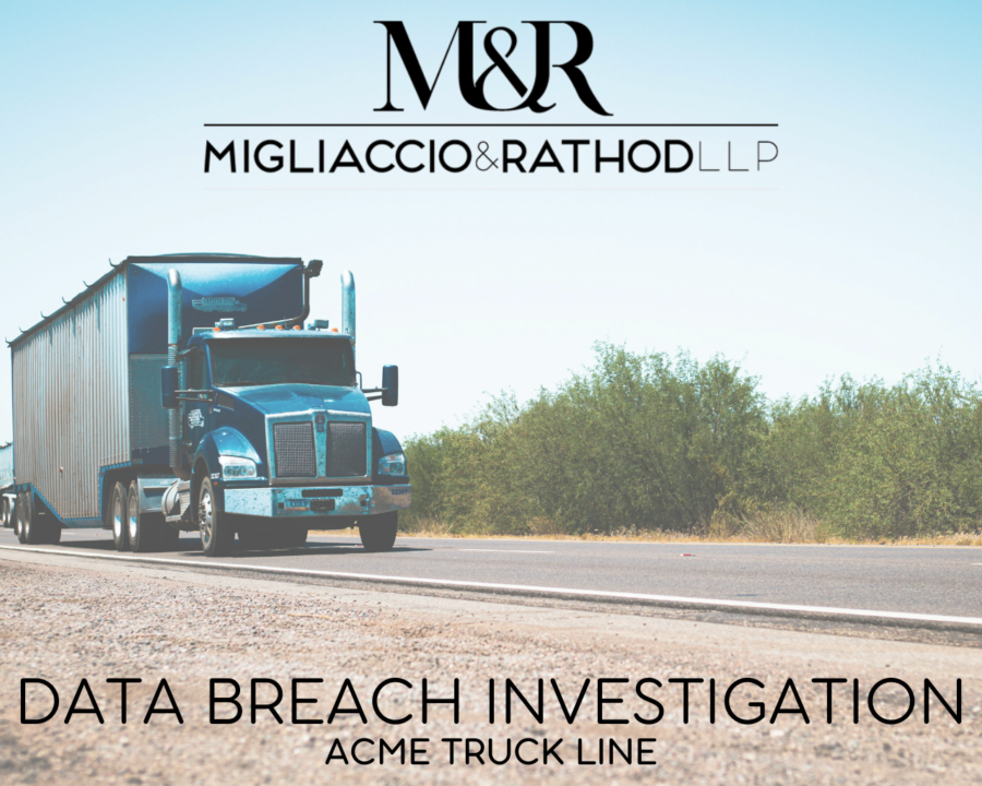 Graphic announcing the ACME Truck Line data breach investigation, featuring the Migliaccio & Rathod LLP logo and a background image of a truck.