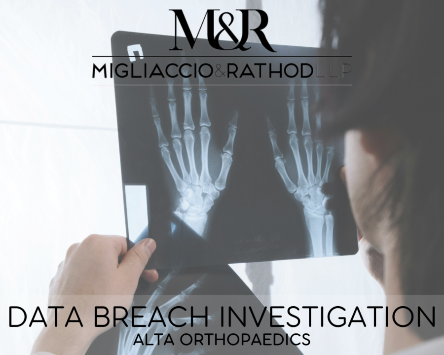 Graphic announcing the Alta Orthopaedics data breach investigation, featuring the Migliaccio & Rathod LLP logo and a background image of an x-ray of a hand.