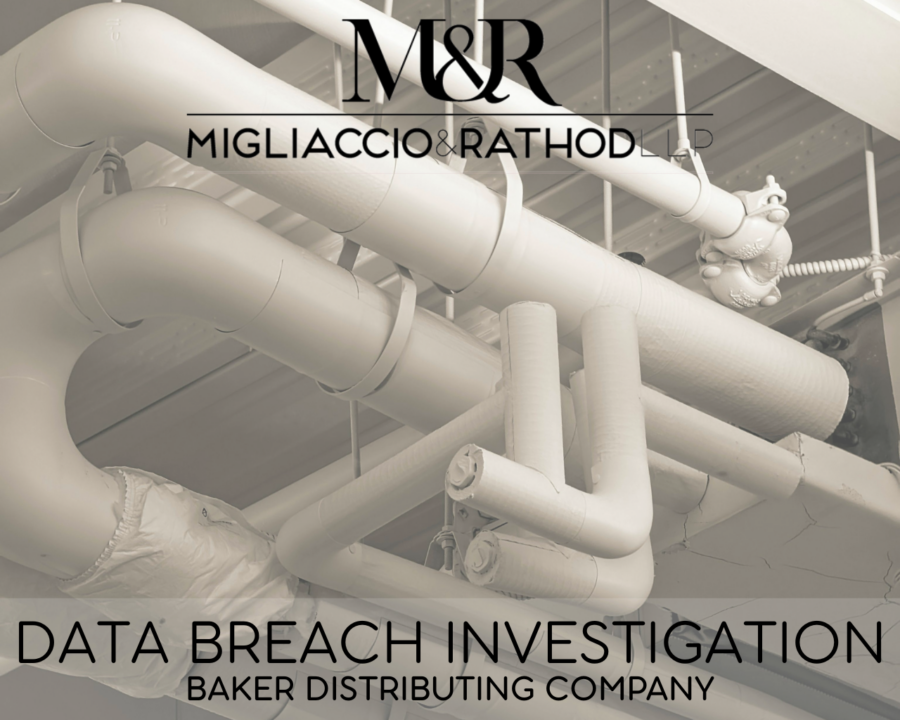 Graphic announcing the Baker Distributing Company data breach investigation, featuring the Migliaccio & Rathod LLP logo and a background image of HVAC systems.