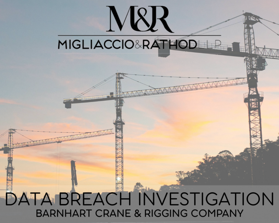 Graphic announcing the Barnhart Crane & Rigging Company Data Breach Investigation, featuring the Migliaccio & Rathod LLP logo and a background image of cranes.