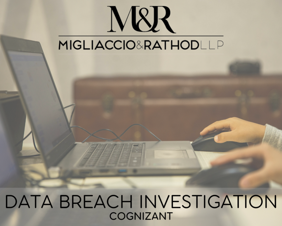 Graphic announcing the Cognizant data breach investigation, featuring the Migliaccio & Rathod LLP logo and a background image of IT work.