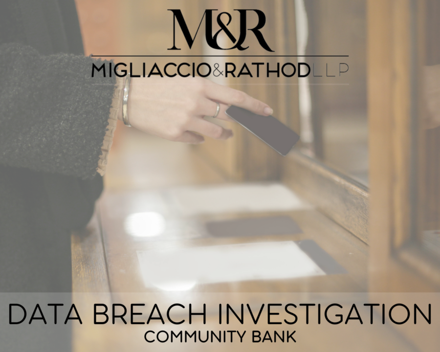 Graphic announcing the Community Bank data breach investigation, featuring the Migliaccio & Rathod LLP logo and a background image of someone at a bank.