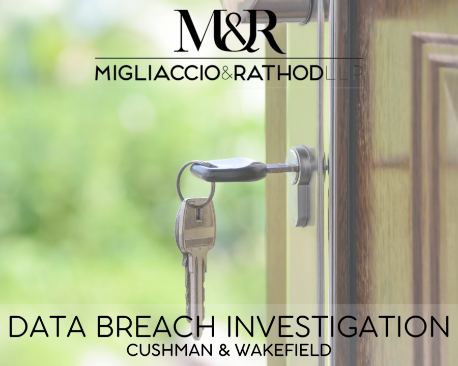 Graphic announcing the Cushman & Wakefield Data Breach Investigation, featuring the Migliaccio & Rathod LLP logo and a background image of a house key.