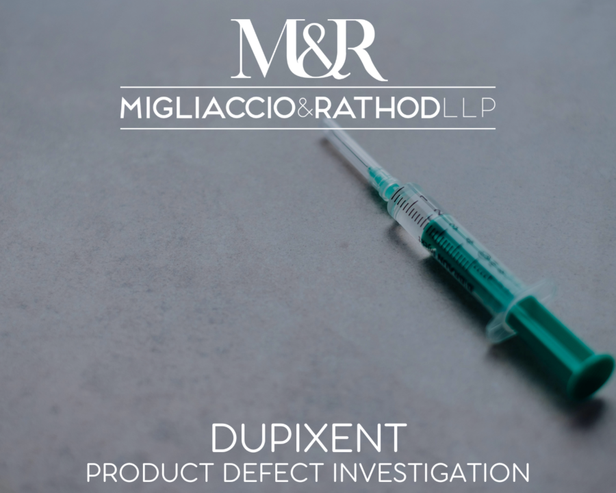 Graphic announcing the Dupixent side effects investigation, featuring the Migliaccio & Rathod LLP and a needle with a green handle.