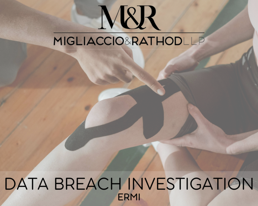 Graphic announcing the ERMI Data breach investigation, featuring the Migliaccio & Rathod LLP logo and a background image of physical therapy.