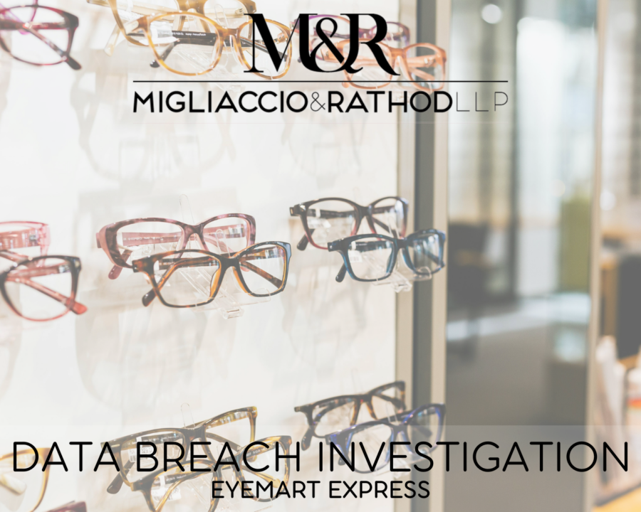 Graphic announcing the Eyemart Express data breach investigation, featuring the Migliaccio & Rathod LLP logo and a background image of eye glasses.