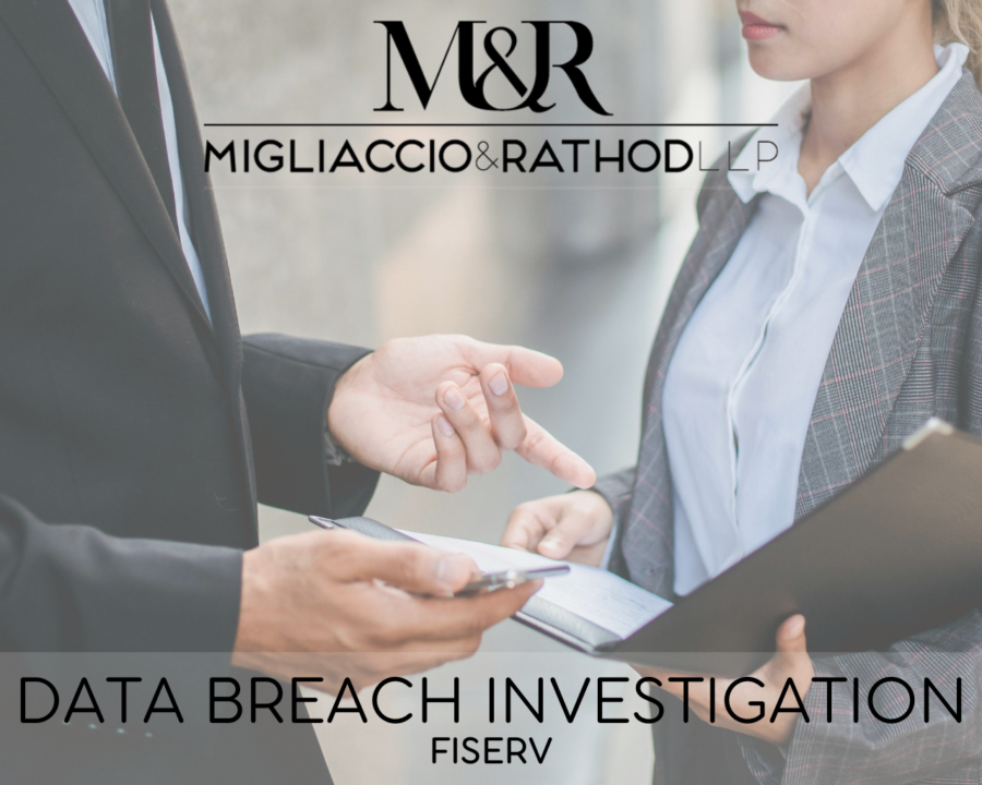 Graphic announcing the Fiserv data breach investigation, featuring the Migliaccio & Rathod LLP logo and a background image of people in business.