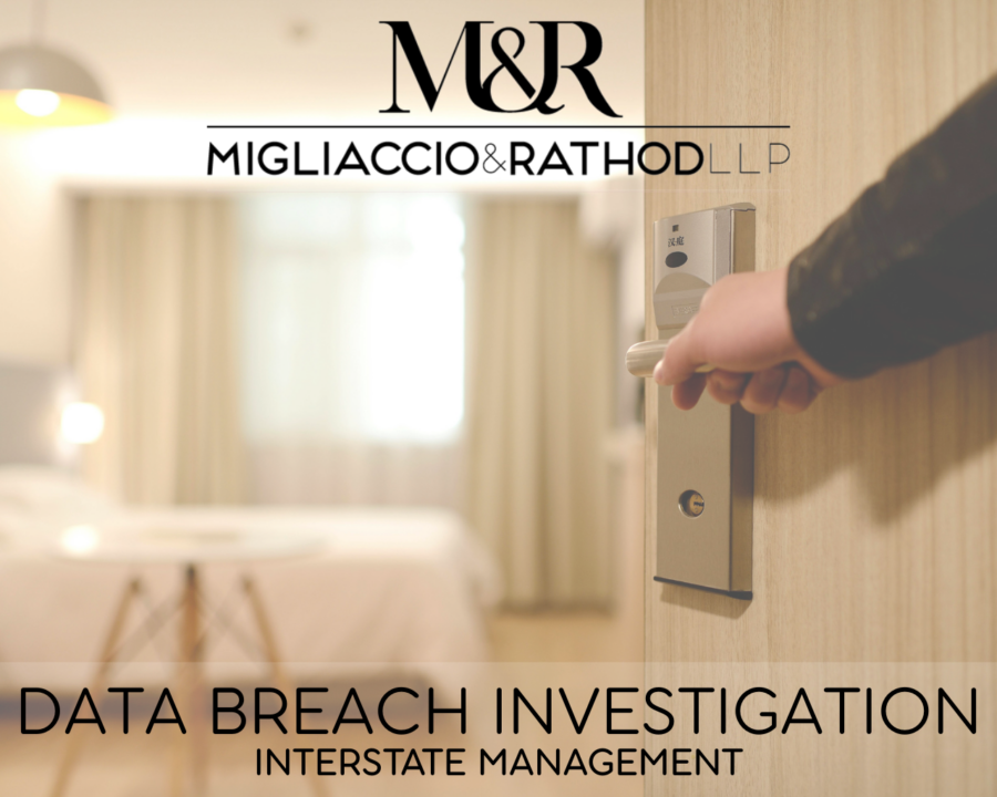 Graphic announcing the Interstate Management Data Breach Investigation, featuring the Migliaccio & Rathod LLP logo and a background image of a hotel.