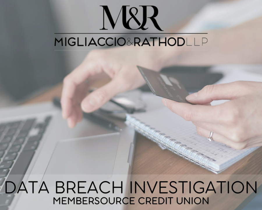 Graphic announcing the MemberSource Credit Union data breach, featuring the Migliaccio & Rathod LLP logo and a background image of a credit card.