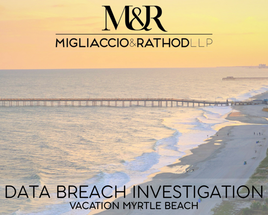 Graphic announcing the Vacation Myrtle Beach data breach investigation, featuring the Migliaccio & Rathod LLP logo and a background image of Myrtle Beach at sunset.
