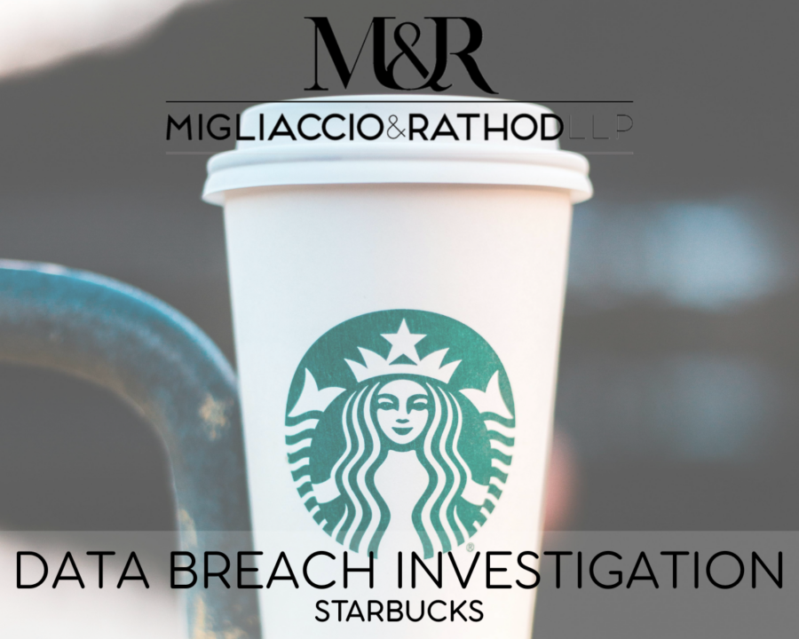 Graphic announcing the Starbucks data breach investigation, featuring the Migliaccio & Rathod LLP logo and a background image of a Starbucks cup.