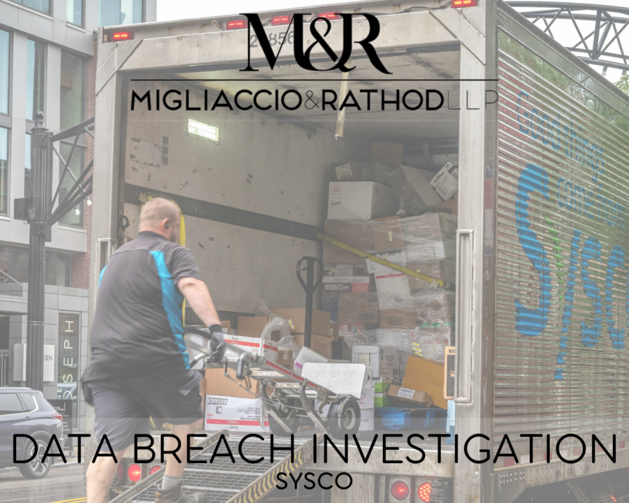 Graphic announcing the Sysco data breach investigation, featuring the Migliaccio & Rathod LLP logo and a background image of Sysco truck.