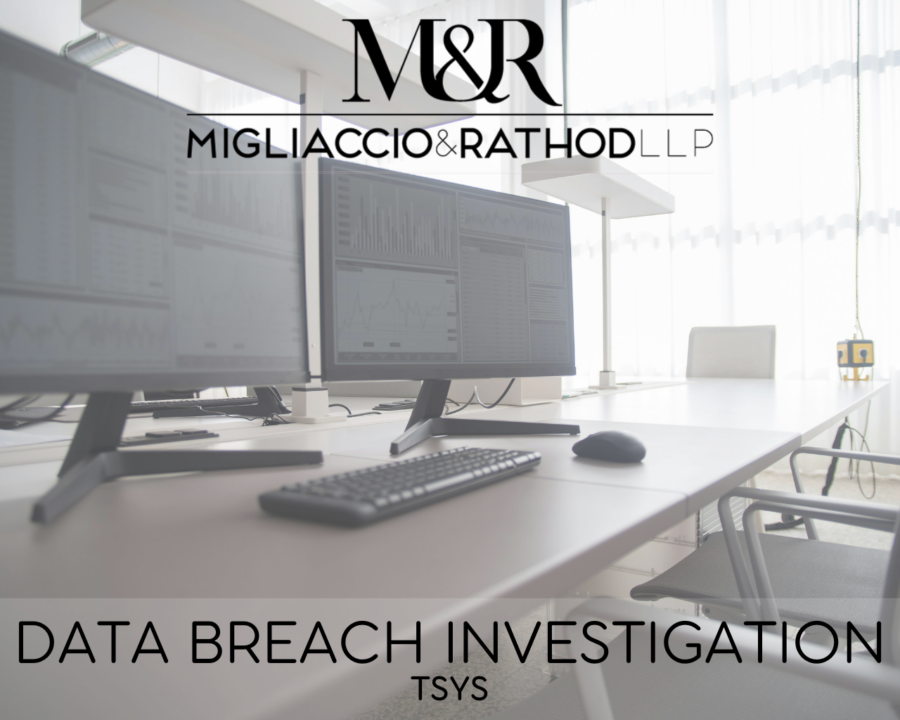 Graphic announcing the TSYS data breach, featuring the Migliaccio & Rathod LLP logo and a background image of computer monitors.
