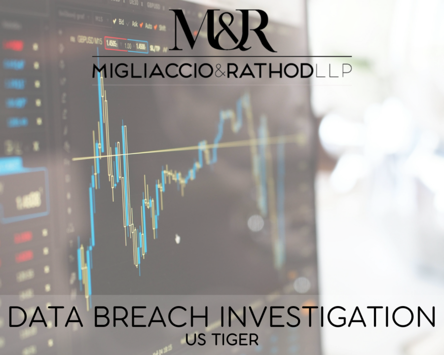 Graphic announcing the US Tiger data breach investigation, featuring the Migliaccio & Rathod LLP logo and a background image of a stock chart.