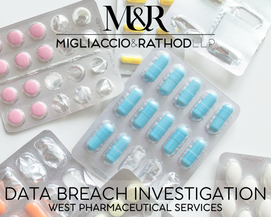 Graphic announcing the West Pharmaceutical Services Data Breach, featuring the Migliaccio & Rathod LLP logo and a background image of pills.