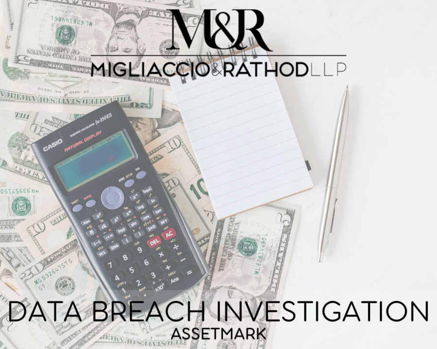 Graphic announcing the AssetMark Data Breach investigation, featuring the Migliaccio & Rathod LLP logo and a background image of wealth management.